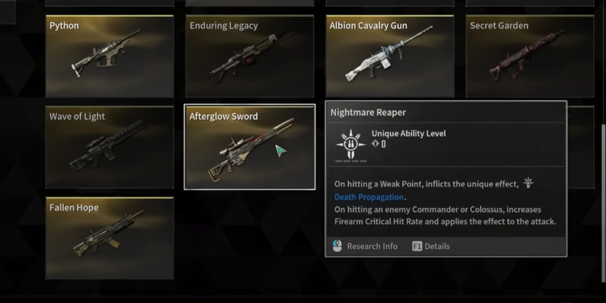 Um menu com armas disponíveis para Gley em The First Descendant