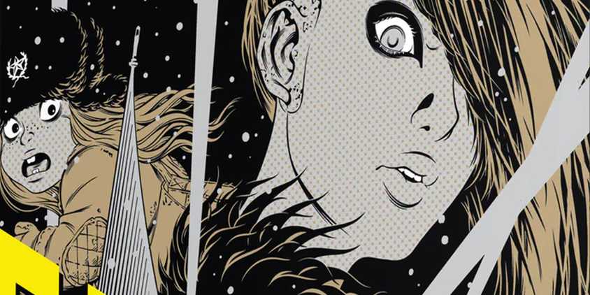 Search and Destroy graphic novel cover depicting the two titular characters with frightened looks as they look down at a snowy city.