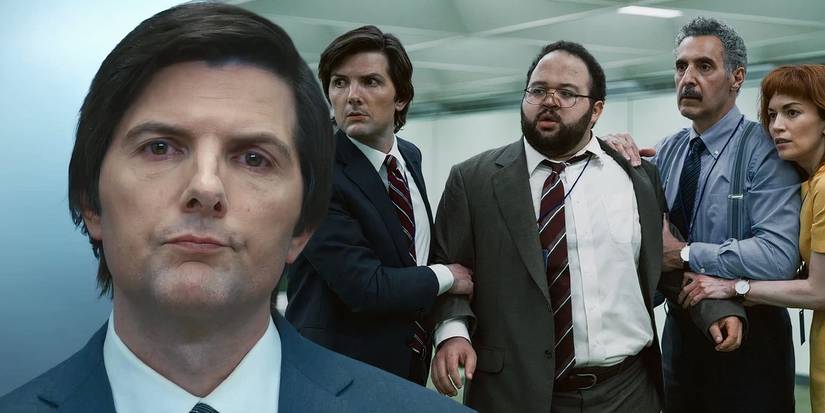 A composite image of Mark looking bummed in front of Mark, Dylan, Helly, and Iriving all clutching each other while looking shocked in Severance