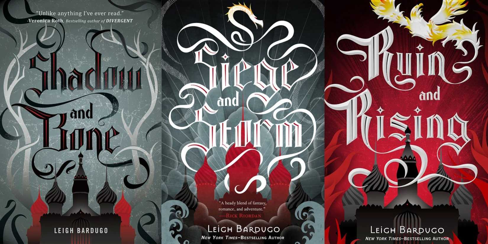 The three original covers of the Shadow & Bone trilogy