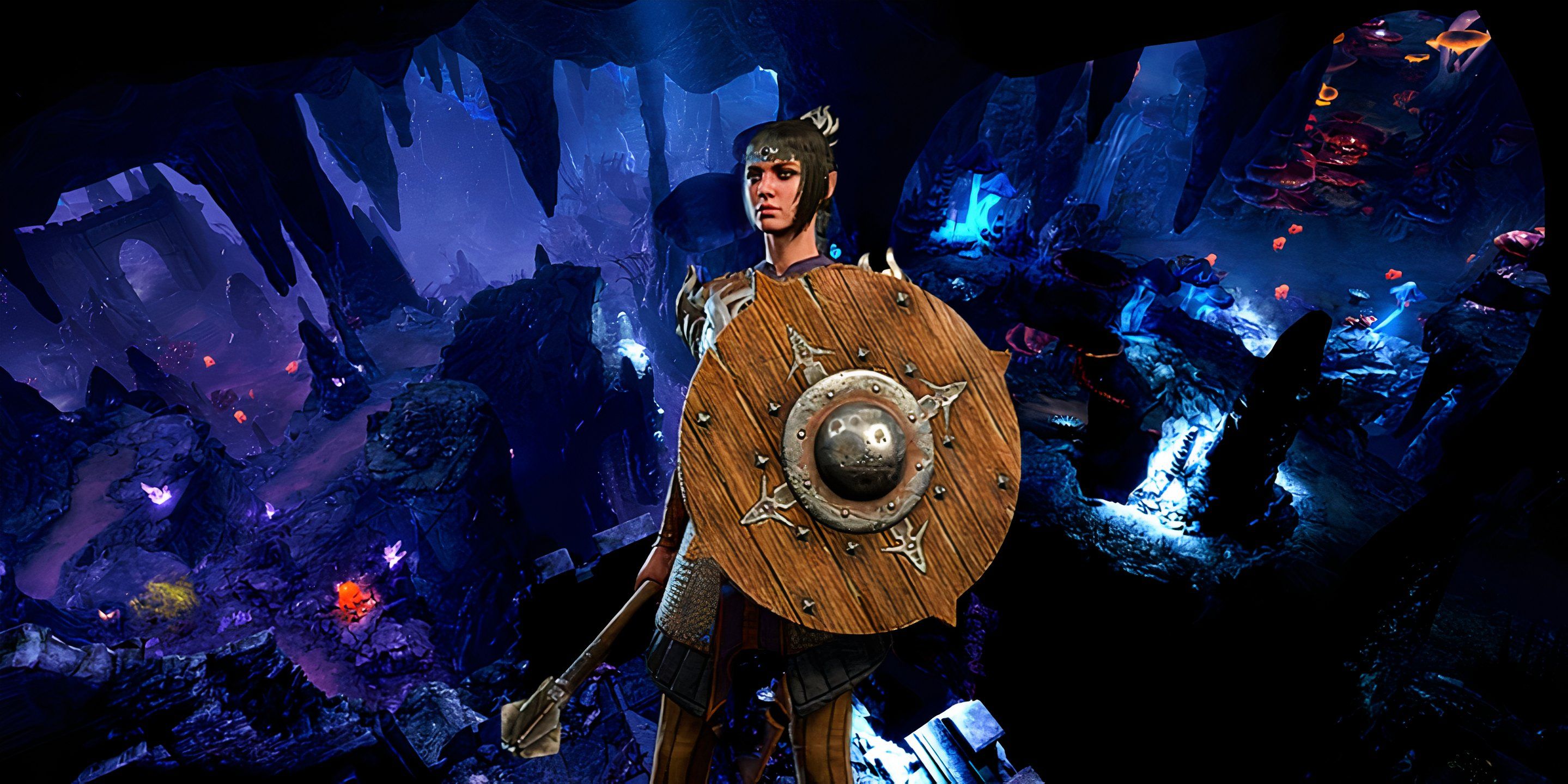 Shadowheart com sua maça característica e escudo de madeira em capturas de tela de Baldur's Gate 3.
