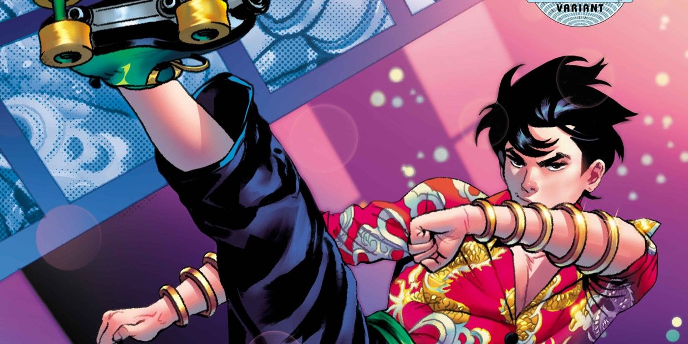 Shang-Chi does a kick while wearing roller skates in a different cover of Disco Dazzler.