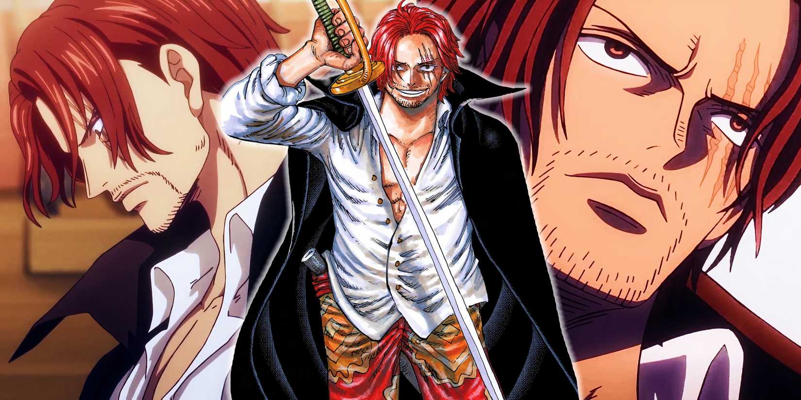 Shanks smiling holding his sword with a side profile of shanks to the left and a close up shot of shanks' face to the right