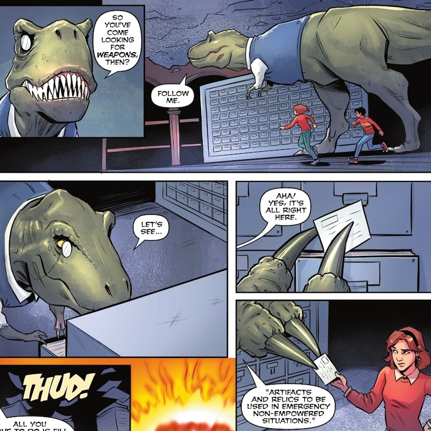 Paneles de cómics: Mr. Dinosaur encuentra fichas de armas que la familia Shazam puede usar.