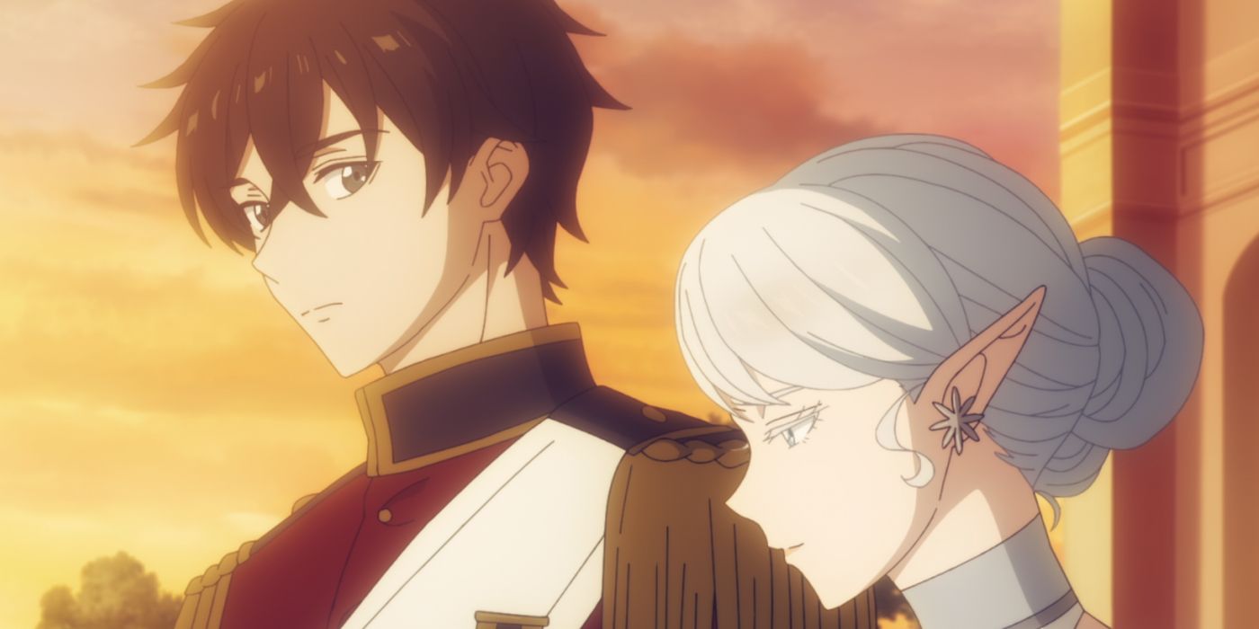 Shin and Schnee standing in front of a sunset in The New Gate