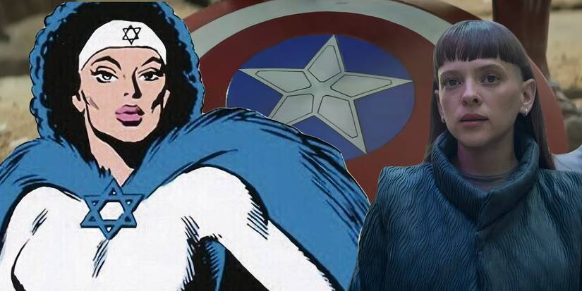 Shira Hass and Sabra over Captain America Shield