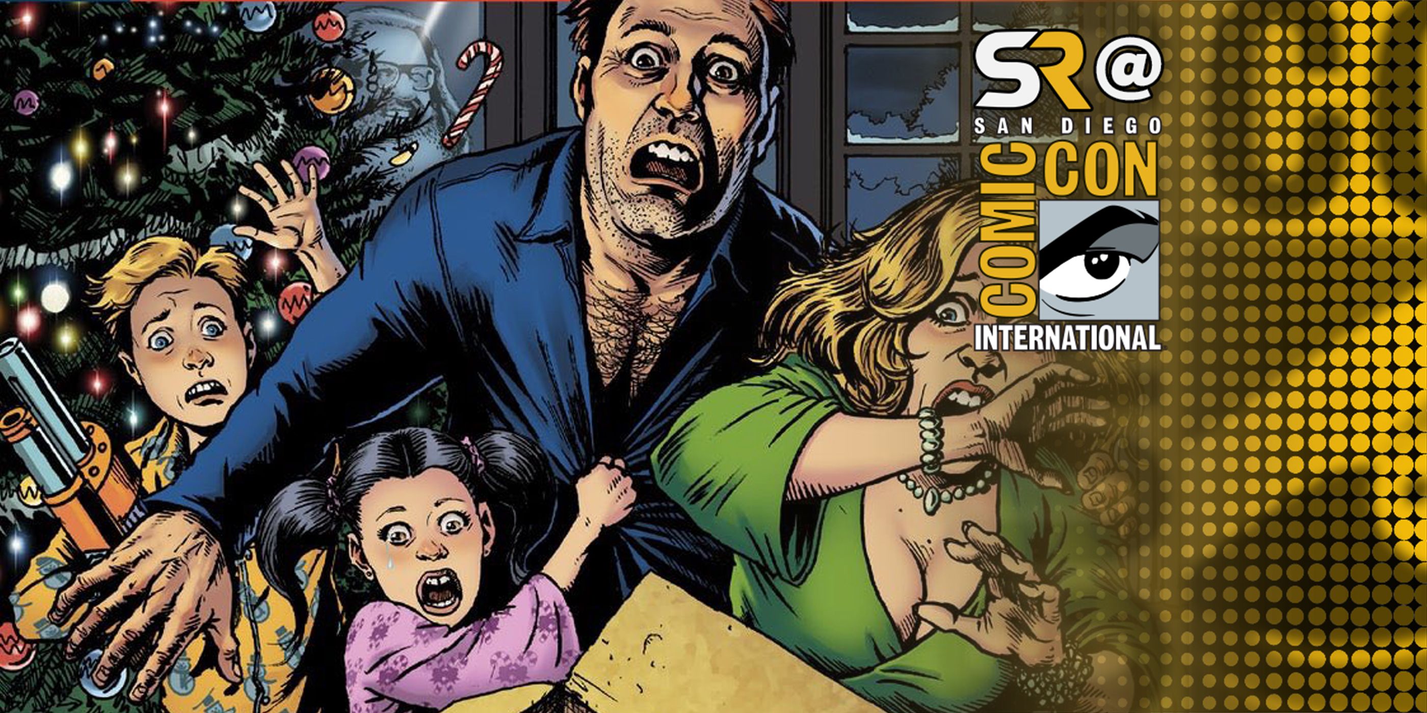 Cover art from EC Comics' Shivering Suspenstories of a horrified family screaming at their Christmas