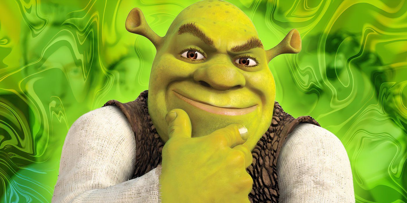 Shrek Holding a Hand to His Chin in Front of a Swirly Green Background