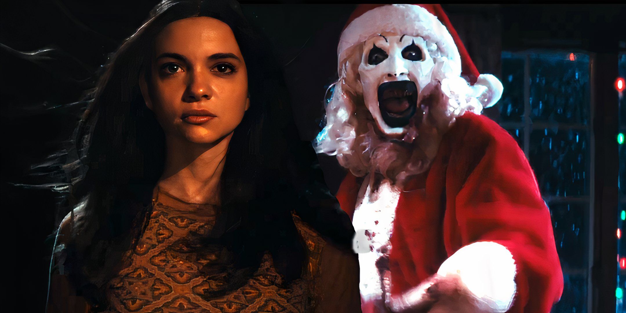 Sienna looking determined while Art the Clown shouts in a Santa Claus suit in Terrifier 3
