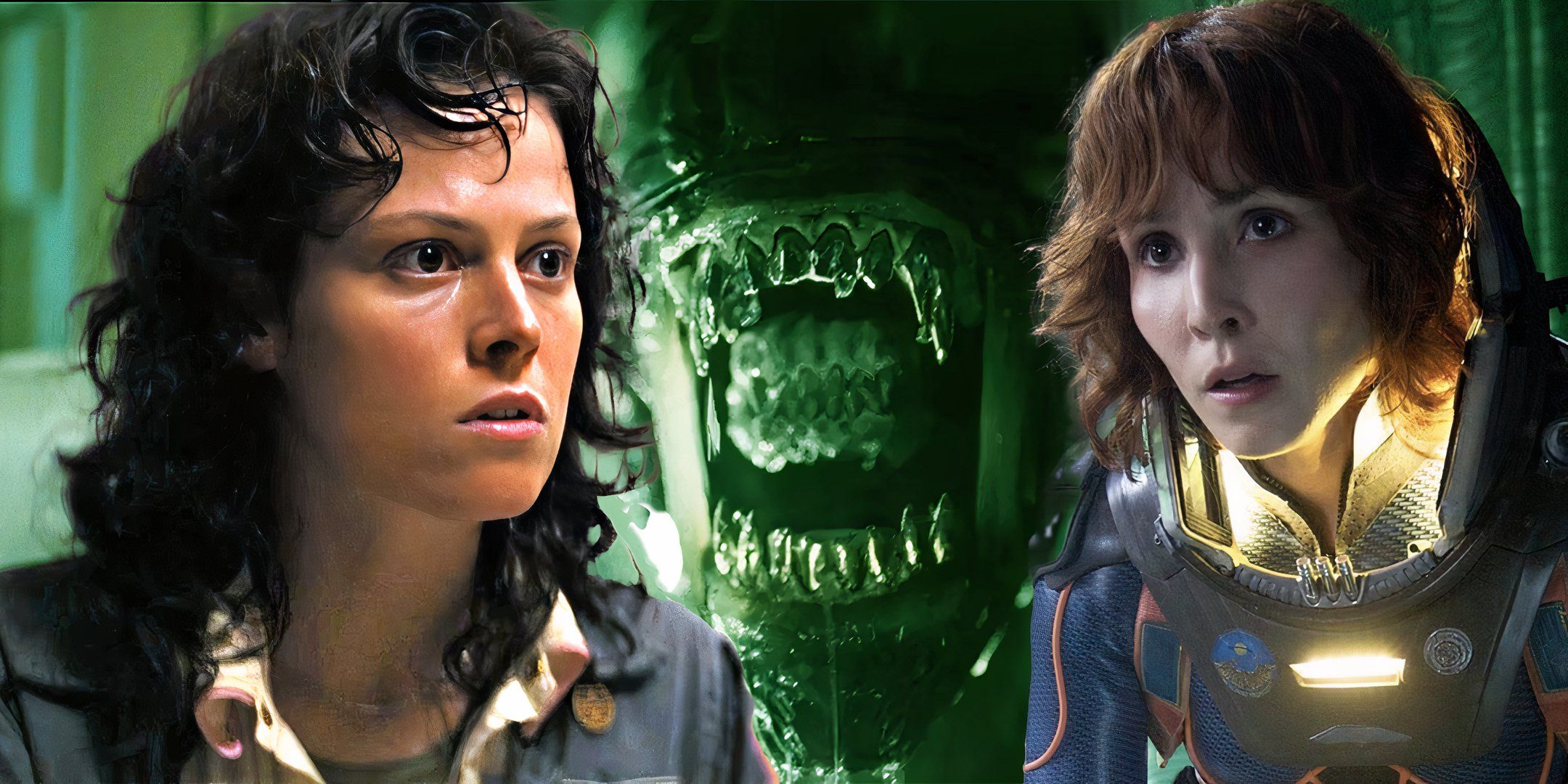 Sigourney Weaver as Ellen Ripley and Noomi Rapace as Shaw, staring fearfully at a Xenomorph in the Alien header