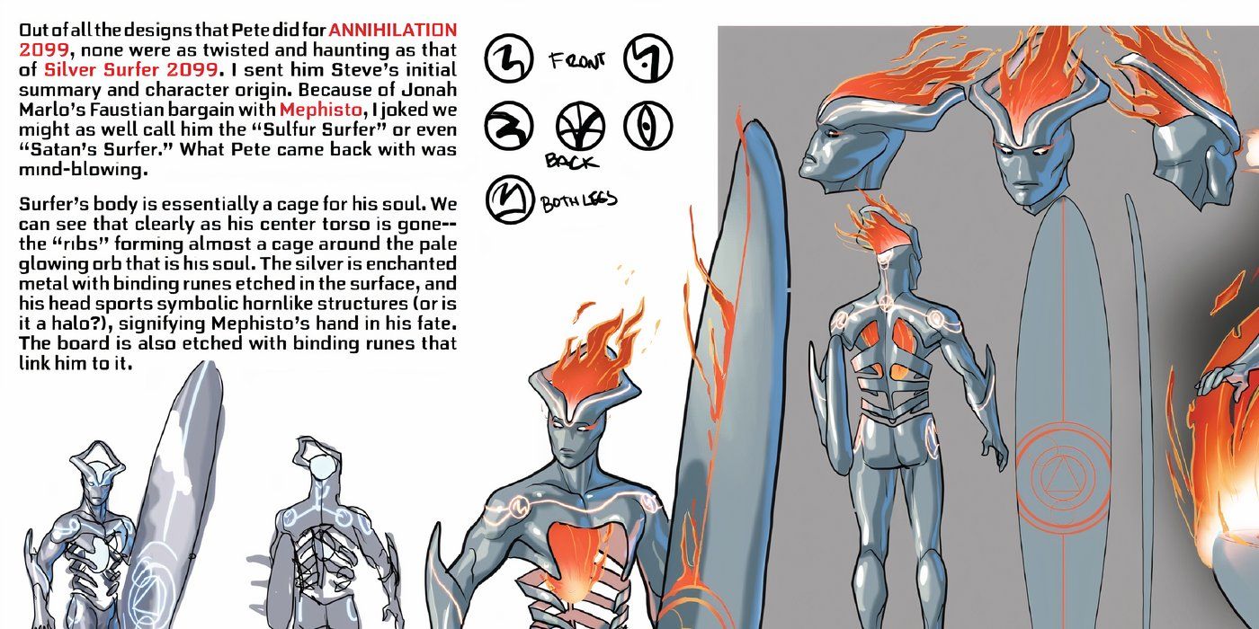 Folha de informações do Silver Surfer 2099 dos criadores com imagens conceituais e texto