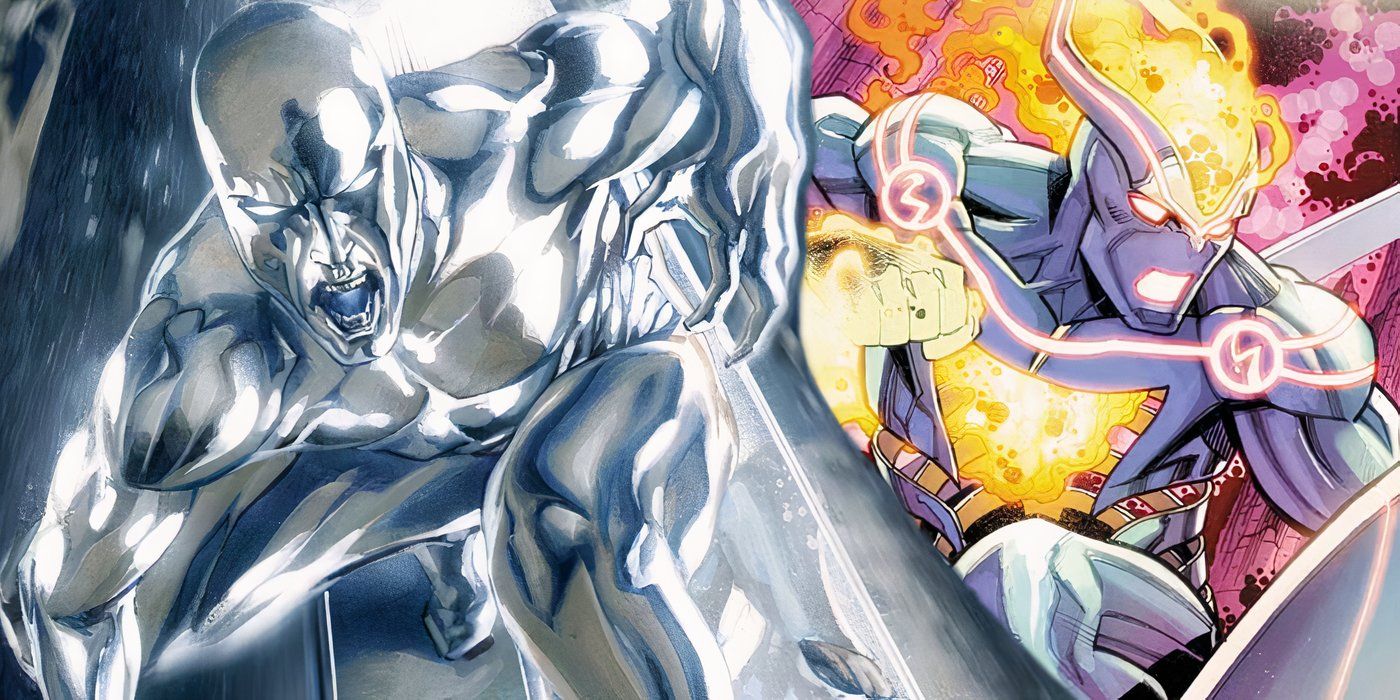 Silver Surfer e Silver Surfer 2099 andando de prancha um ao lado do outro