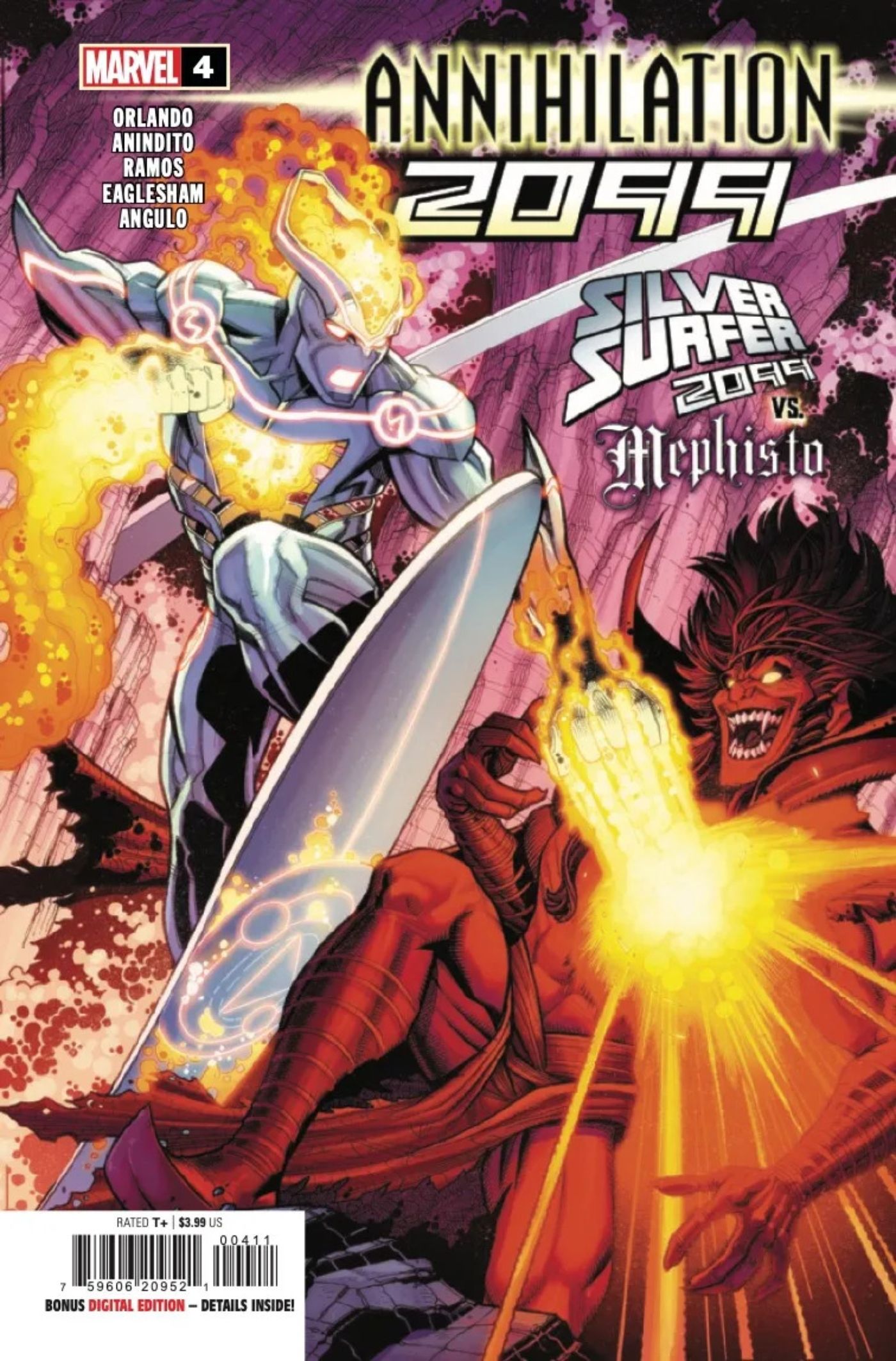 Capa da revista Annihilation 2099 #4 com o Surfista Prateado lutando contra Mephisto.