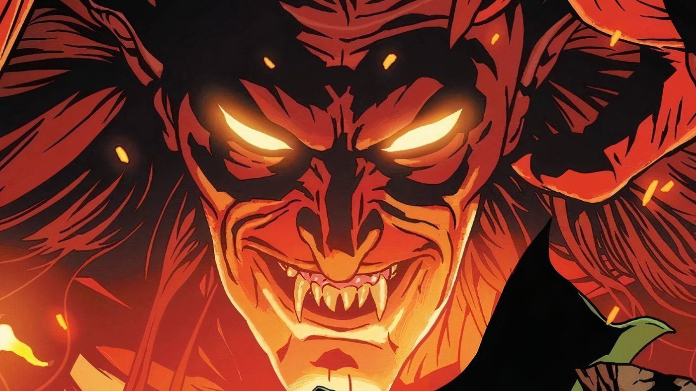 Mephisto, da Marvel Comics, olhando diretamente para você com um sorriso sinistro no rosto.