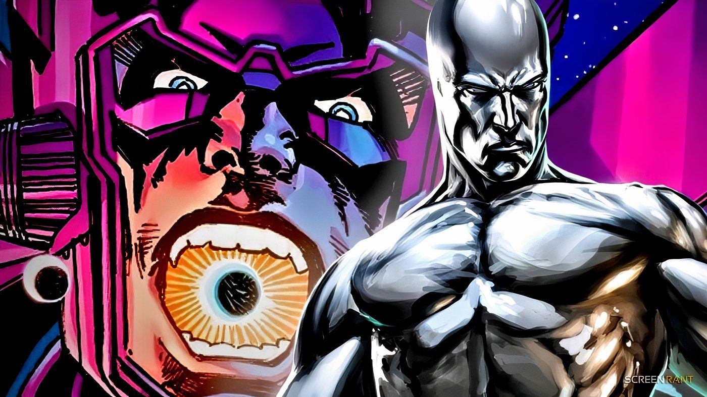 Marvel Comics' Silver Surfer with Galactus consuming a planet behind him.