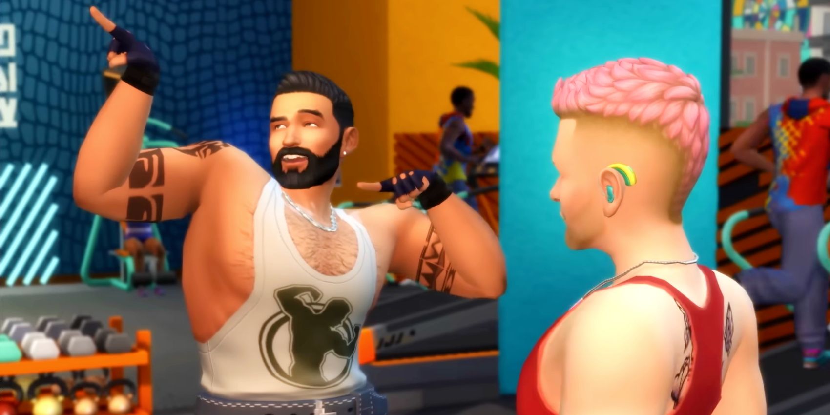 Un Sim musculoso se flexiona ante otro en Los Sims 4.