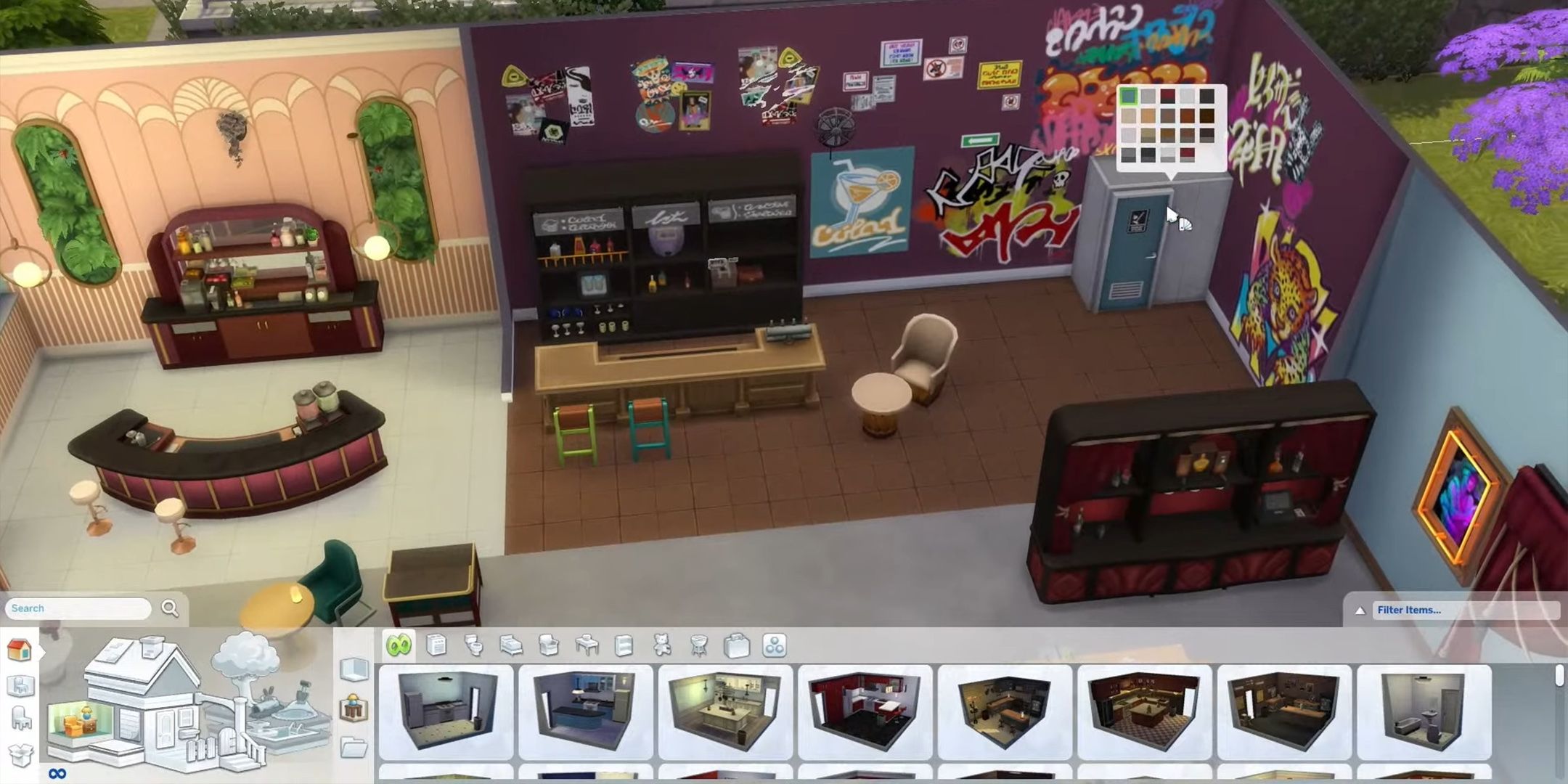 Uma seleção de novos itens de construção em The Sims 4: Lovestruck, incluindo novos recursos de barra.