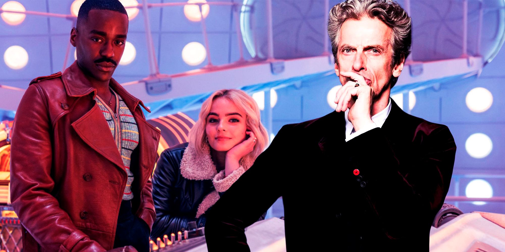 A custom Doctor Who image of Ncuti Gatwa's Fifteenth Doctor, Millie Gibson's Ruby Sunday, and Peter Capaldi's Twelfth Doctor