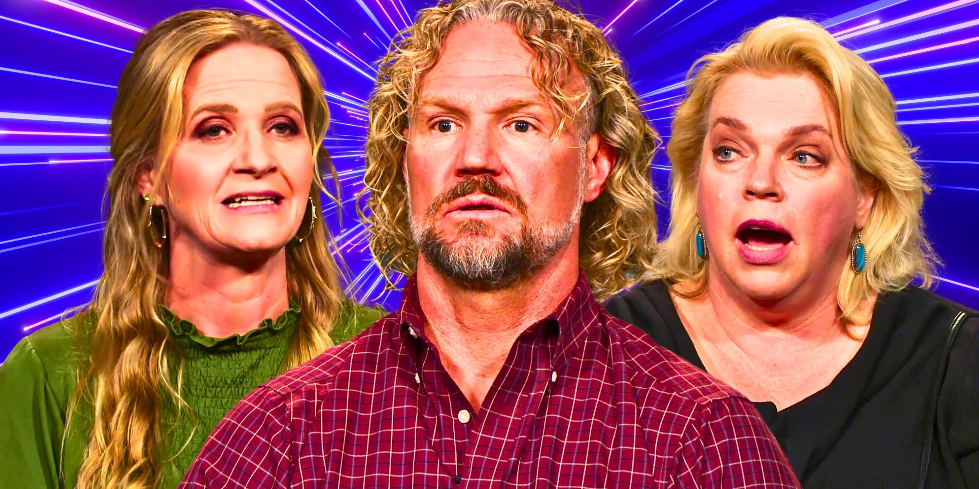 Sister Wives Christine, Kody, and Janelle Brown in side by side images looking upset