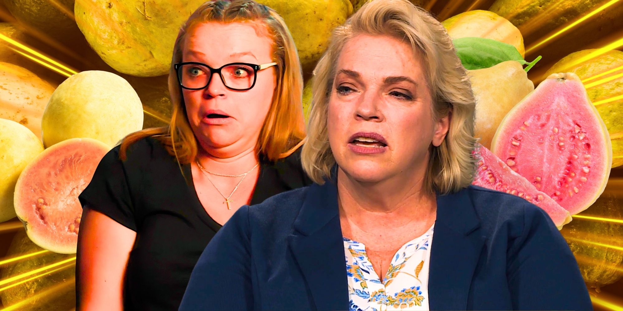 Sister Wives' Janelle Brown looks unsure and Maddie Brown looks horrified, in front of guavas.