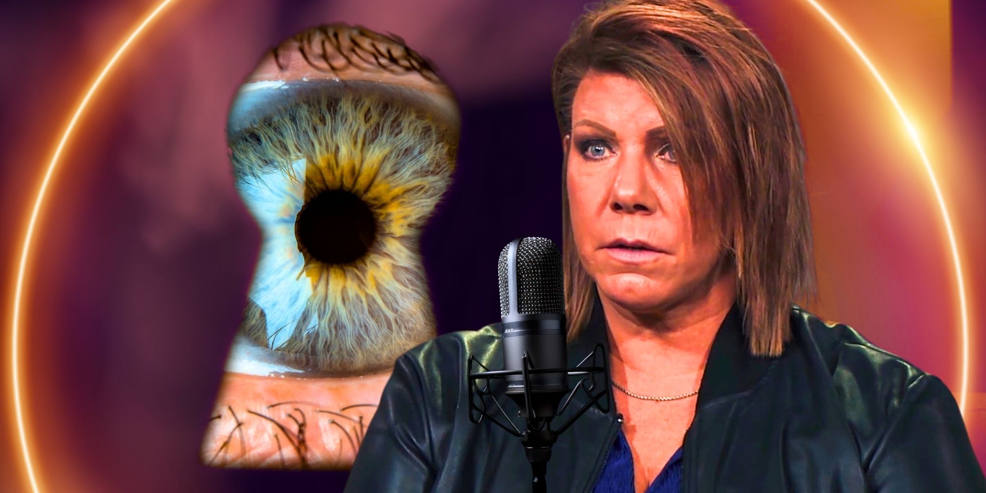 Sister Wives' Meri Brown looks serious with an eyeball looking through a keyhole behind her.