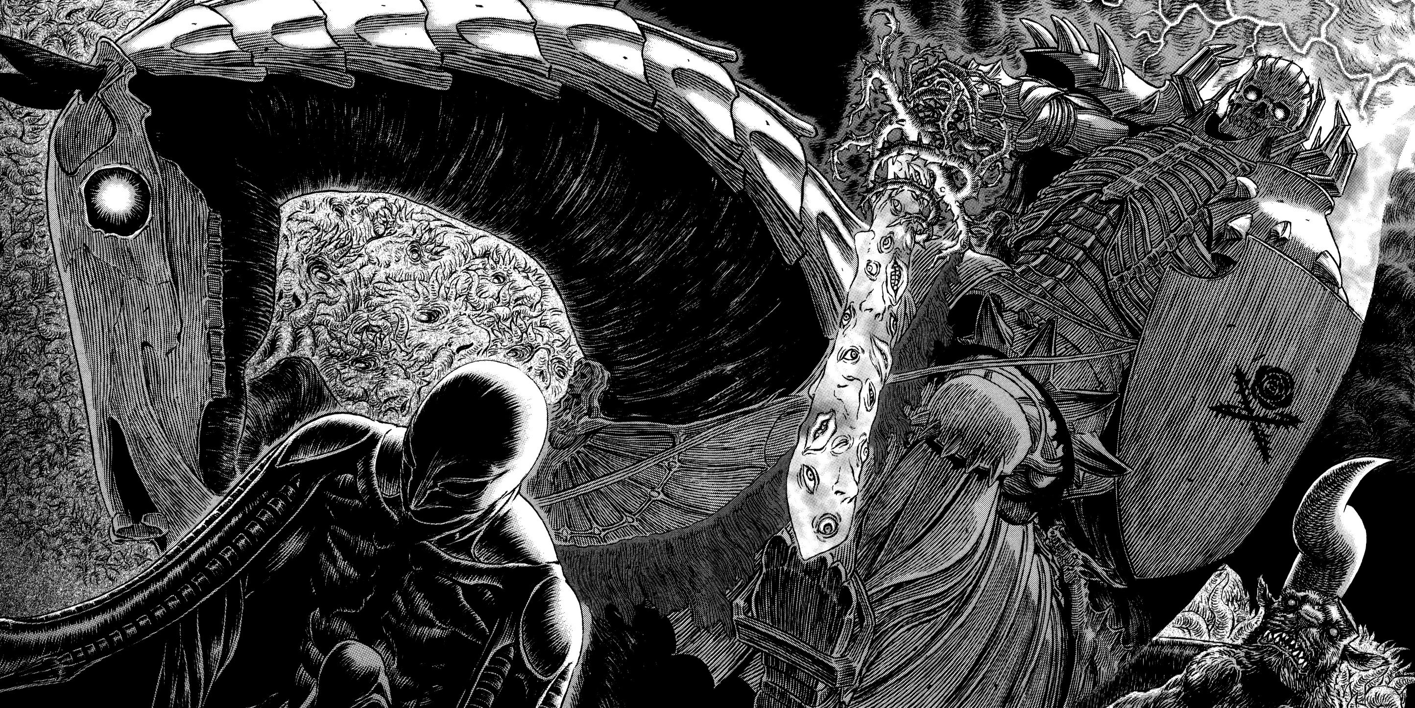 Skull Knight ambushing Femto past Zodd, atop Ganishka in Berserk