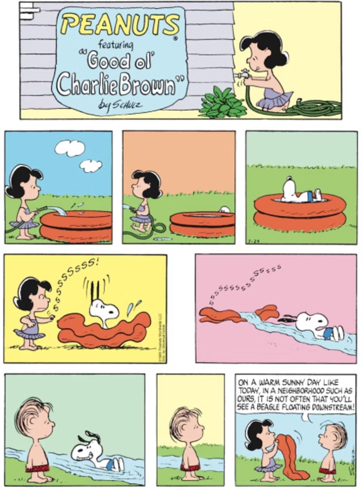 Snoopy flutua rio abaixo em uma história em quadrinhos de verão dos Peanuts