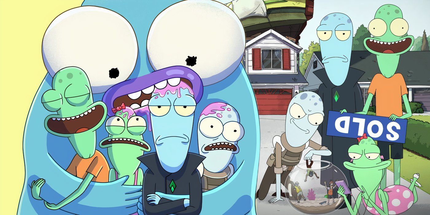 A composite image of Korvo and his family being mouthed by a big blue blob and Korvo with his family posing in front of their new house in Solar Opposites