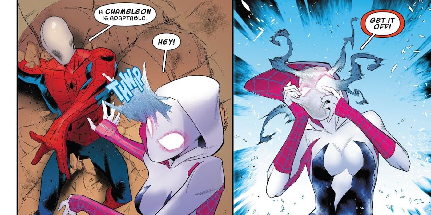 A Gwen-Aranha é atacada pelo Camaleão, disfarçado de Homem-Aranha.