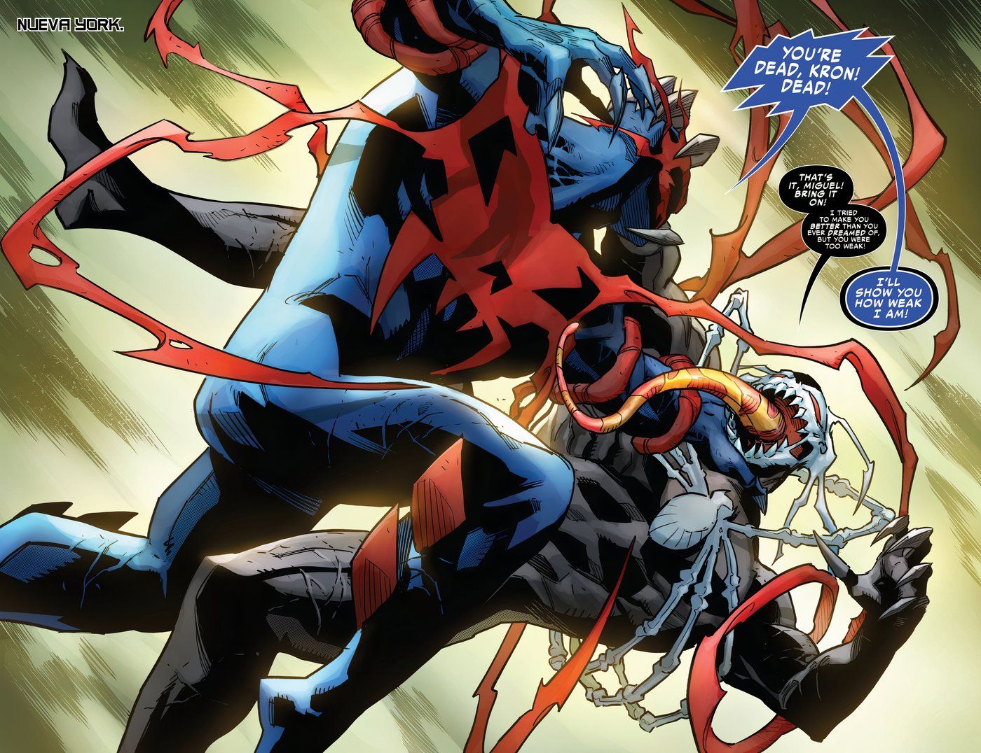 Spider-Man 2099 lucha contra la versión 2099 de Venom.