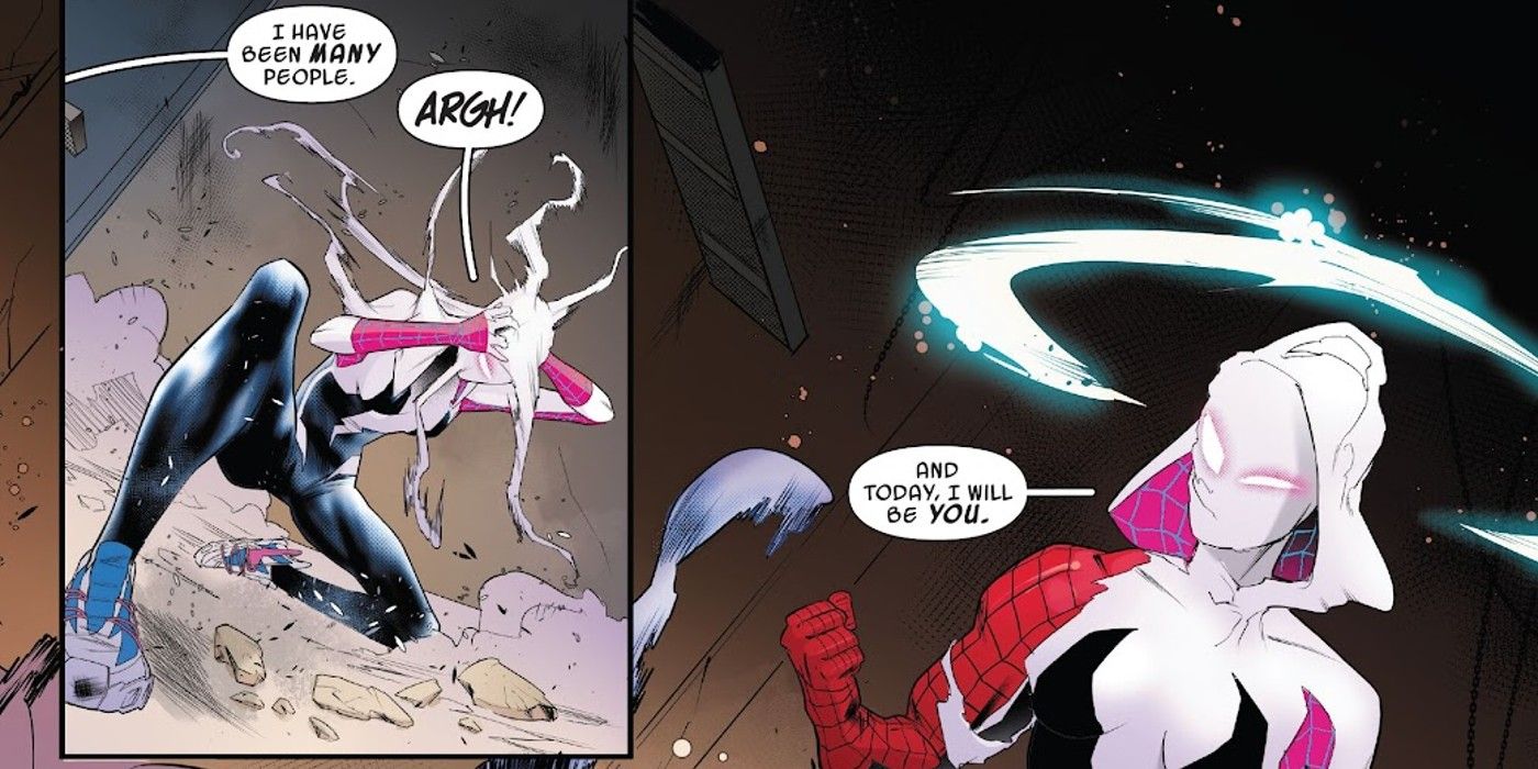 O vilão do Homem-Aranha, o Camaleão, se torna a Aranha Fantasma enquanto ataca a Gwen-Aranha