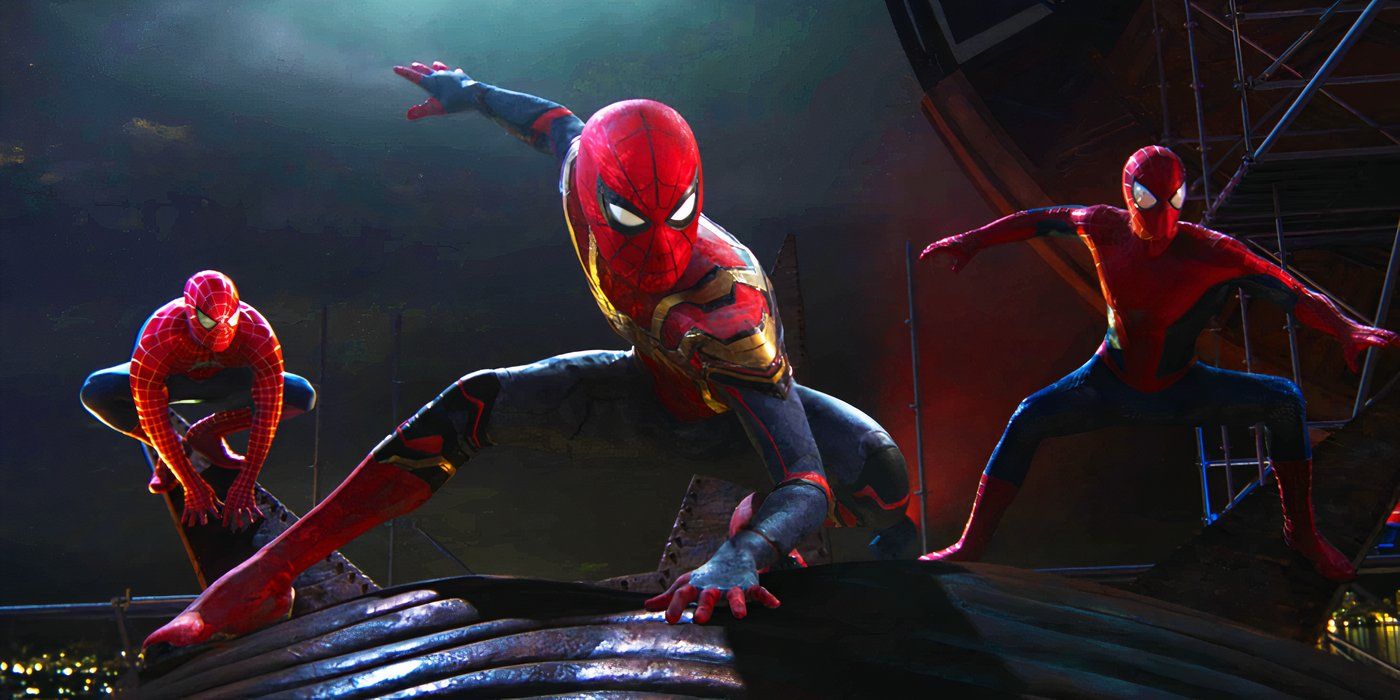 Homens-Aranha pulando juntos em Spider-Man No Way Home