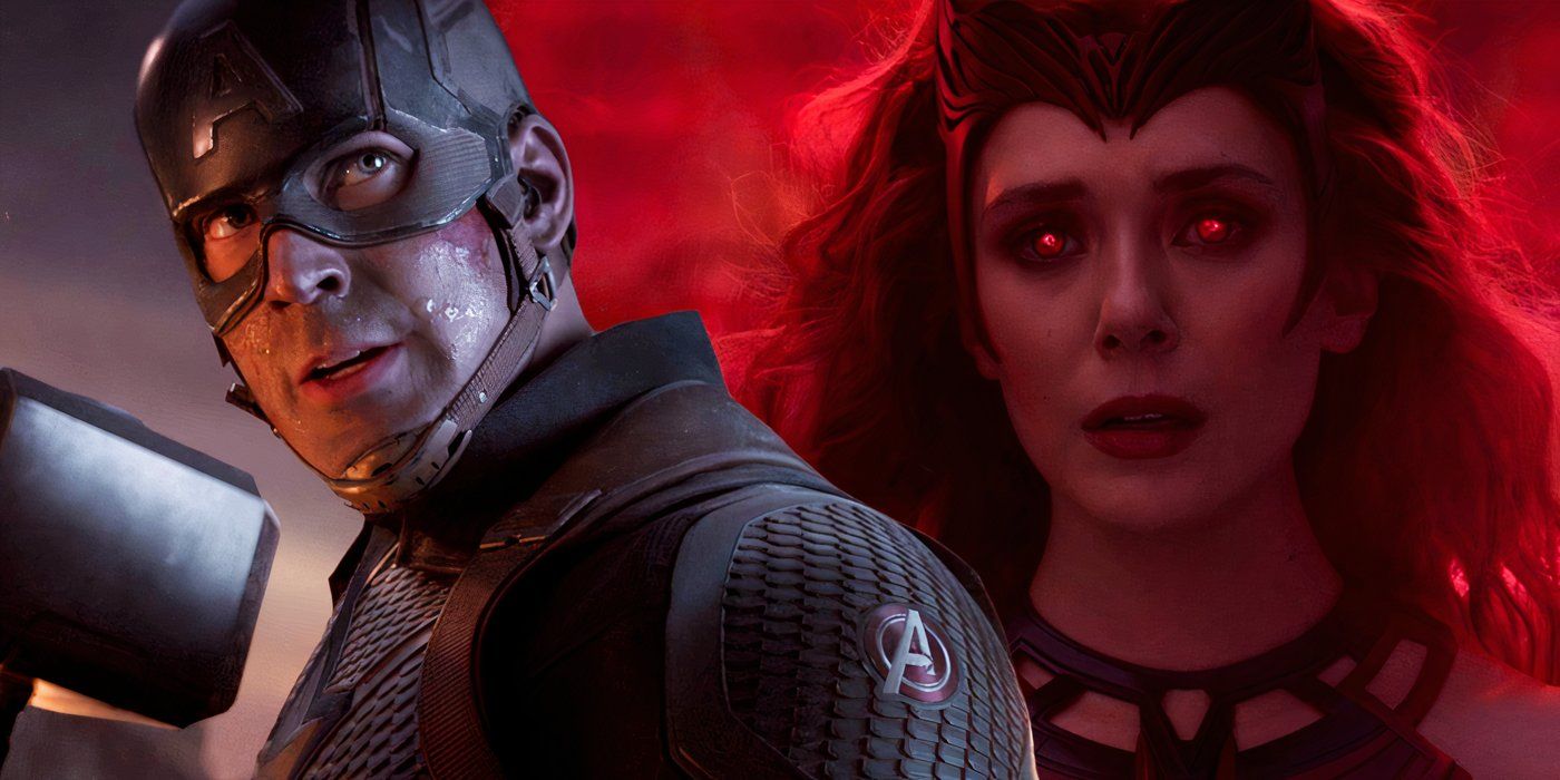 Split image of Chris Evan's Captain America wielding Mjolnir in the Battle of Earth in Avengers Endgame (2019) on the left, Elizabeth Olsen's Wanda Maximoff as the Scarlet Witch in WandaVision (2021) on the right