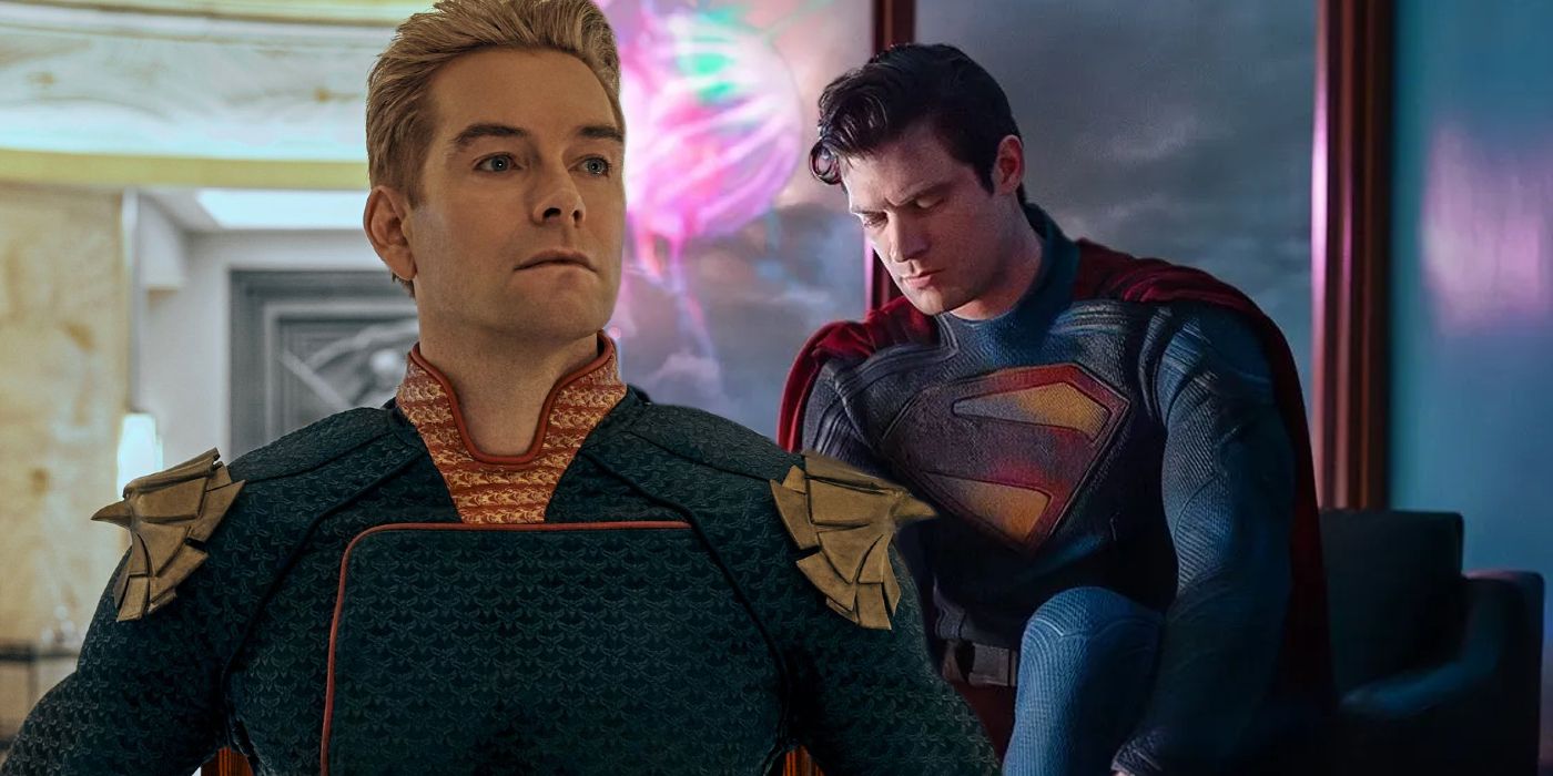 Split image of DCU Superman costume reveal and The Boys' Homelander