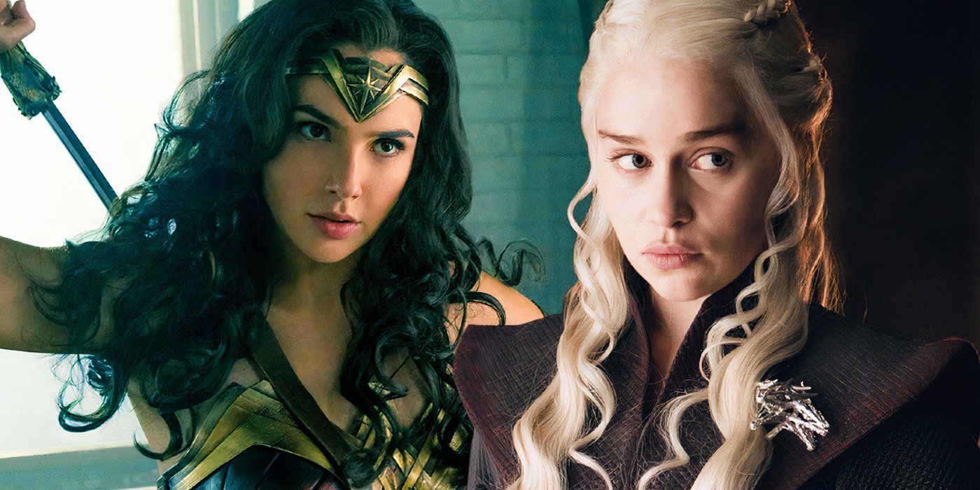 Split image of Gal Gadot's Wonder Woman in the DCEU on the left, Emilia Clarke's Daenerys Targaryen in Game of Thrones on the right