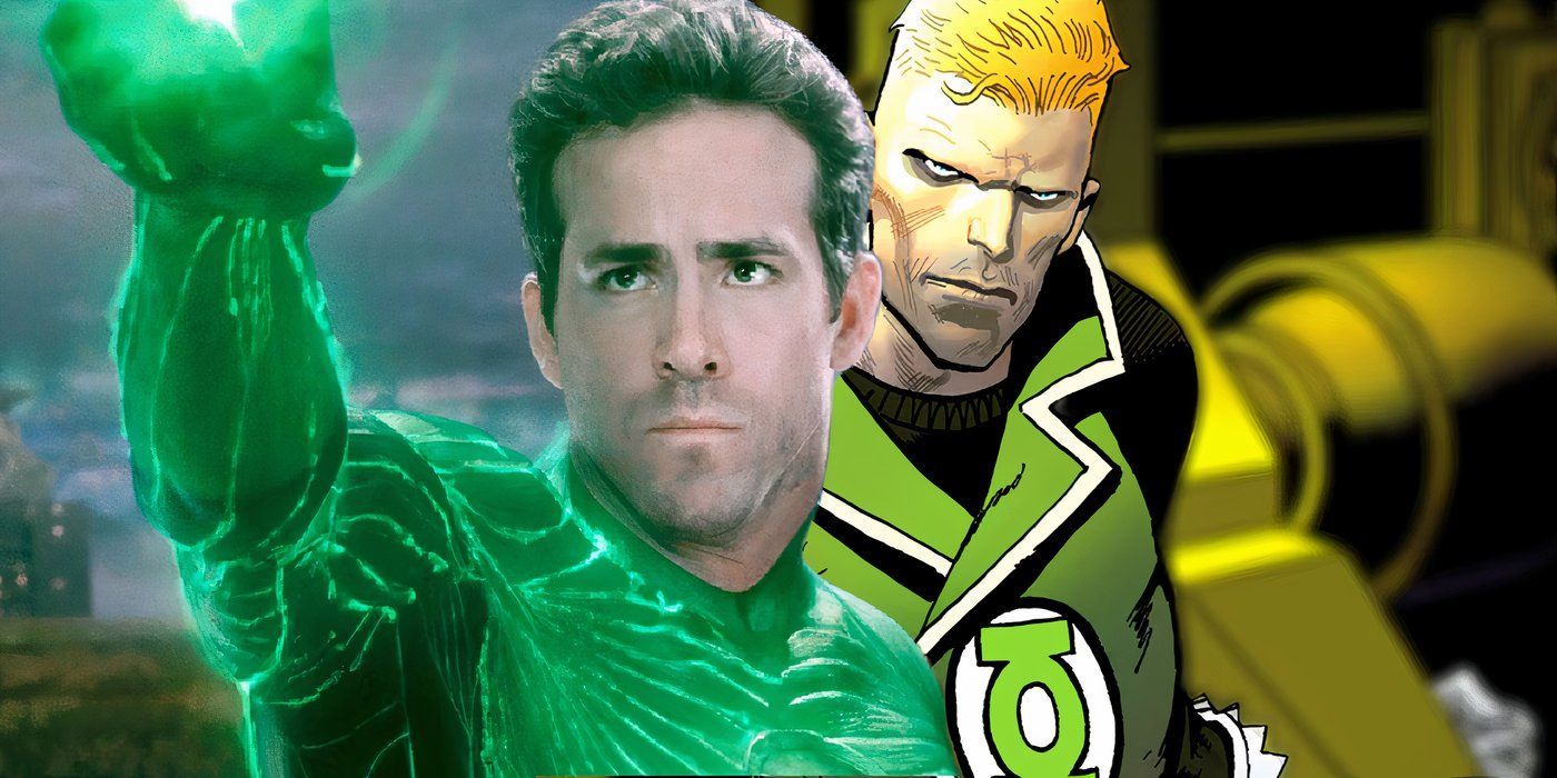 Imagen dividida de Hal Jordan levantando su anillo de poder en Green Lantern y Guy Gardner luciendo serio en DC Comics