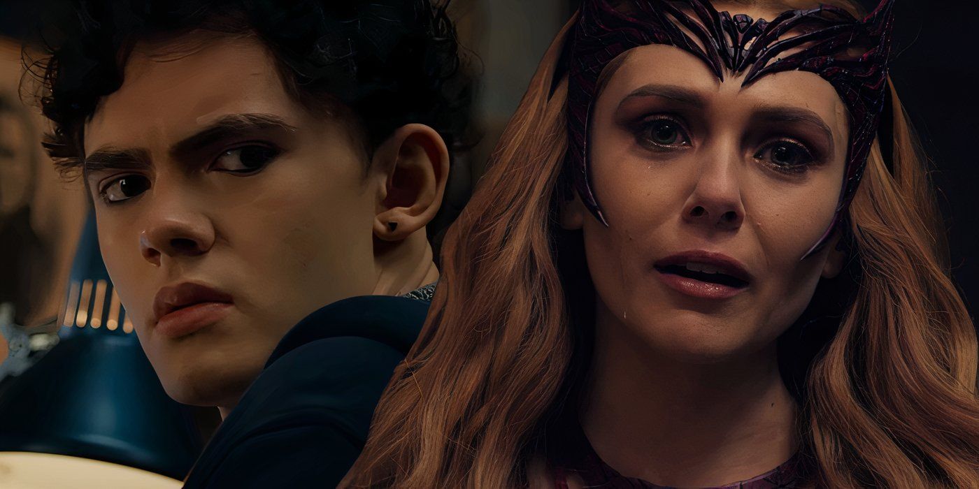 Split image of Joe Locke's Wiccan in Agatha All Along (2024) on the left, Elizabeth Olsen's Wanda Maximoff as the Scarlet Witch in Doctor Strange in the Multiverse of Madness (2022) on the right