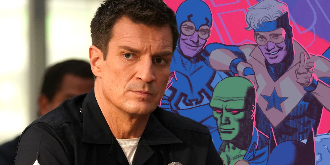 Split image of Nathan Fillion and Justice League International