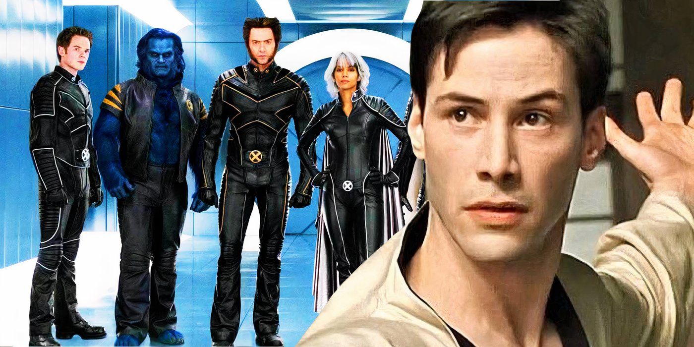 Split image of Neo preparing to fight in the Matrix in front of the X-Men suited up together in a promotional image