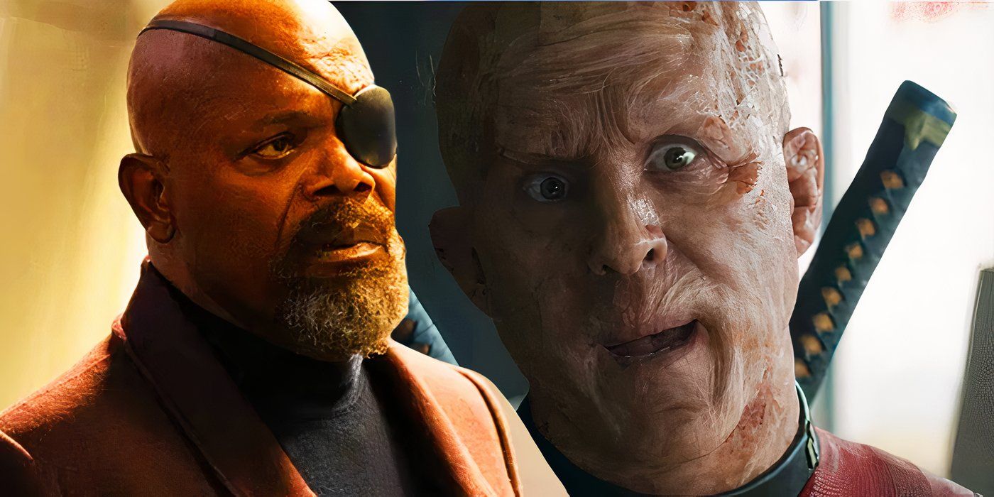 Split image of nick fury looking disappointed while wade wilson talks in deadpool &amp; wolverine