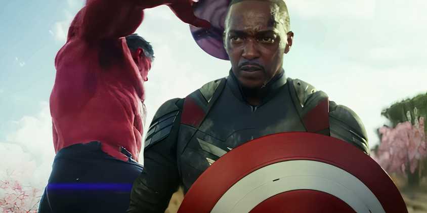 Split image of Sam Wilson as Captain America and President Ross as Red Hulk in Captain America Brave New World