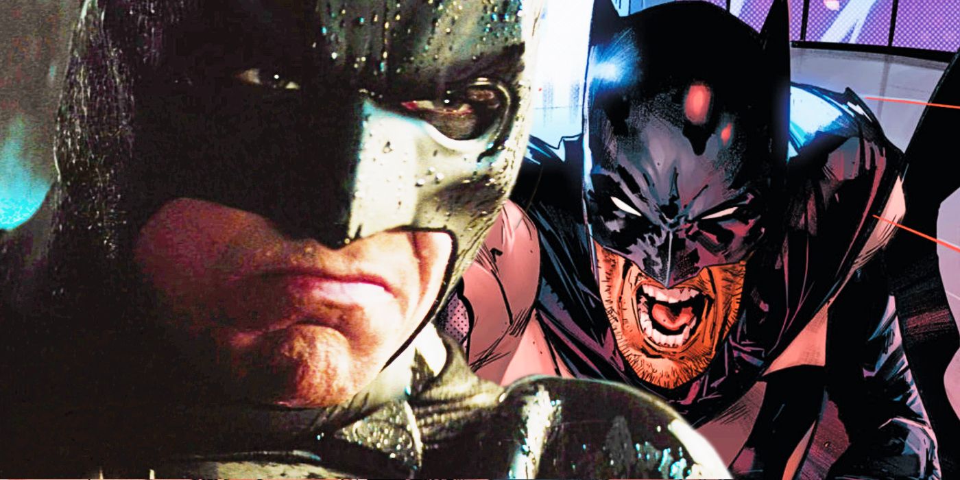 Split image of The Dark Knight Batman looking angry, and Batman shouting in anger in the comics