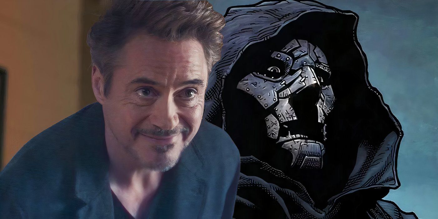 Una imagen dividida de Tony Stark sonriendo en Vengadores: Endgame cerca de la muerte del Doctor de Marvel Comics