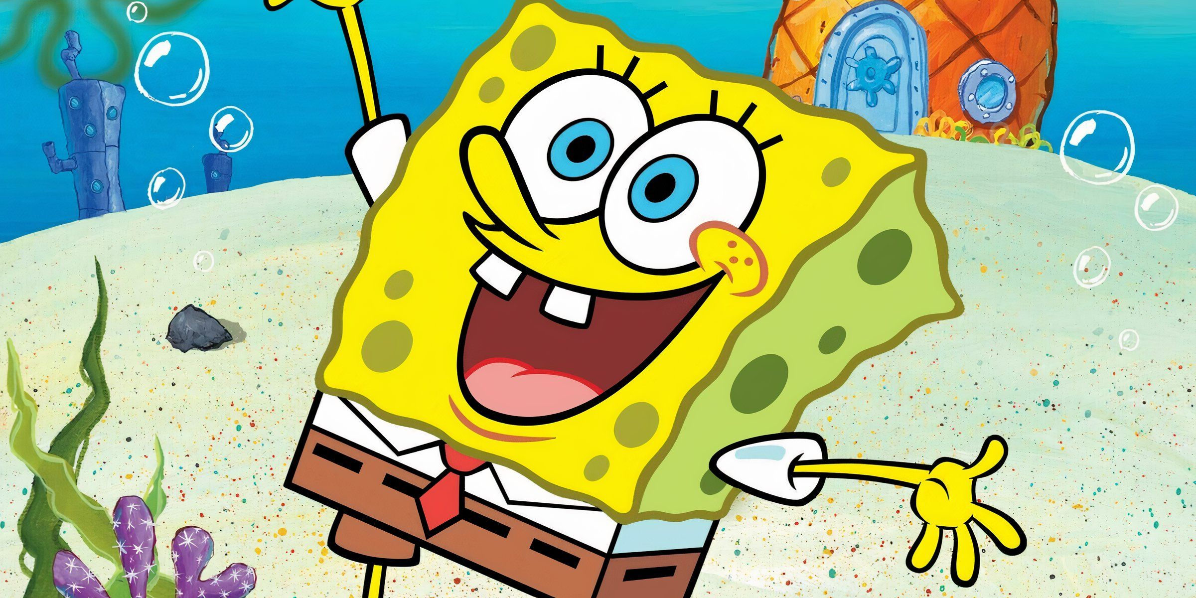 Una esponja con una sonrisa en el fondo del océano en Bob Esponja