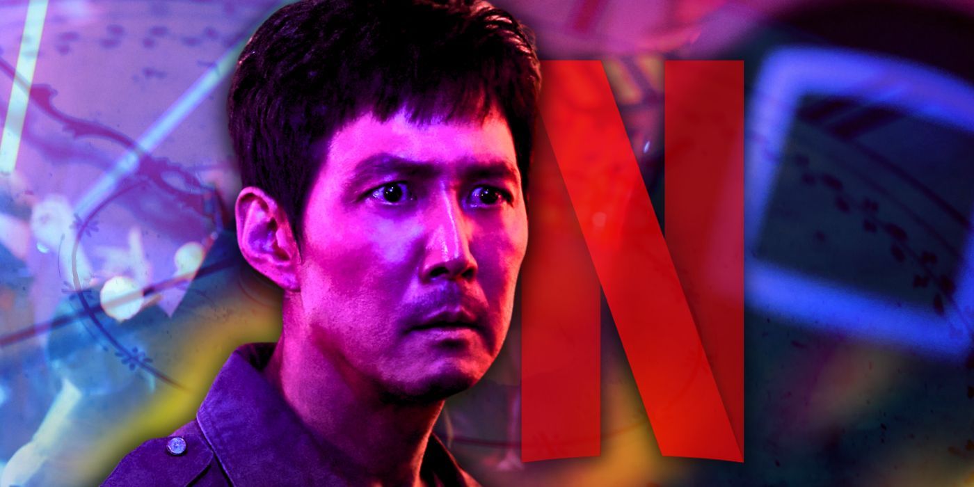 Lee-Jung-jae como Seong Gi-hun na 2ª temporada de Squid Game com uma imagem do logotipo da Netflix
