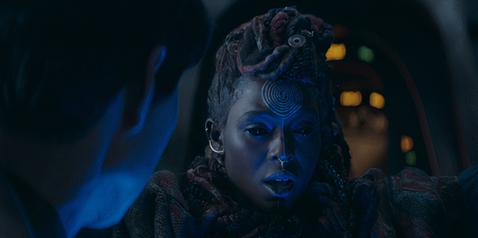 Mother Aniseya (Jodie Turner-Smith) gasps with her eyes turned black as Sol's lightsaber enters her body in The Acolyte episode 7