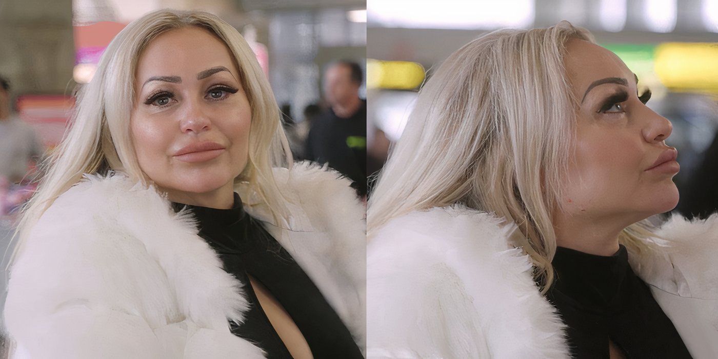 Stacey Silva in 90 Day Fiance in fur coat and black dress waiting for Florian at airport