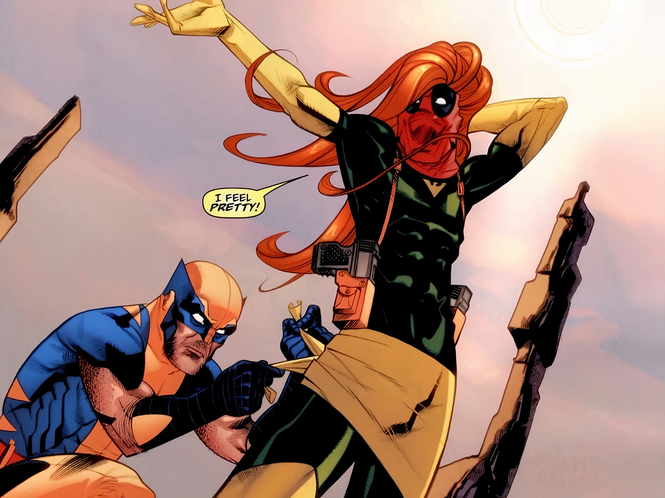 Wolverine puts Deadpool into Jean Grey's old costume.