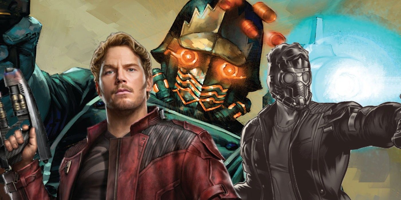 Star-Lord from the MCU unmasked layered with masked MCU Star-Lord over Star-Lord from Annihilation Conquest