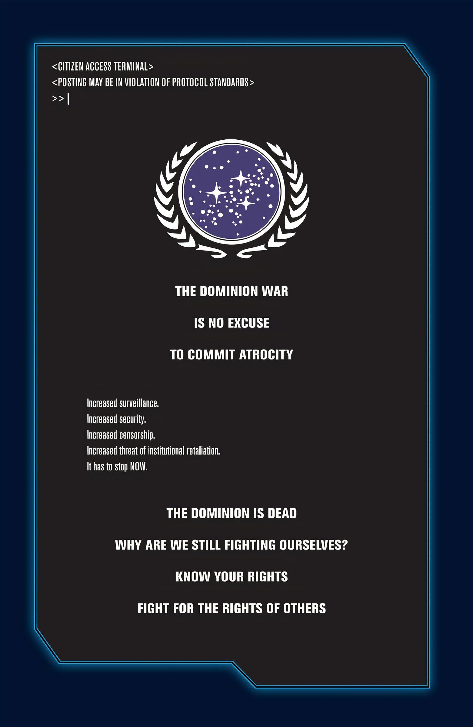 Text piece suggesting the Federation has been corrupted by the Dominion War